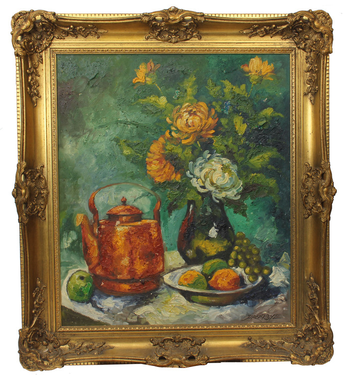 Still life with flowers and a copper jug