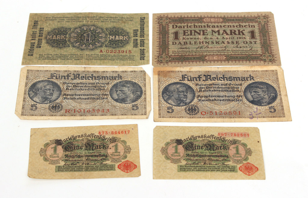 6 марок, банкноты - 1 марка, 5 марок