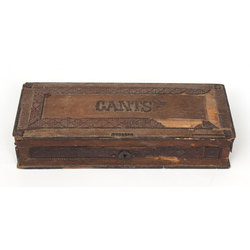 Wooden box with various items