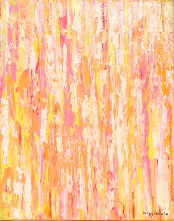 Abstrakta kompozīcija ar baltām, dzeltenām, oranžām, rozā līnijām