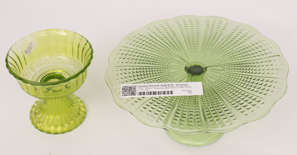 Green glass set - cake bowl, dessert bowl