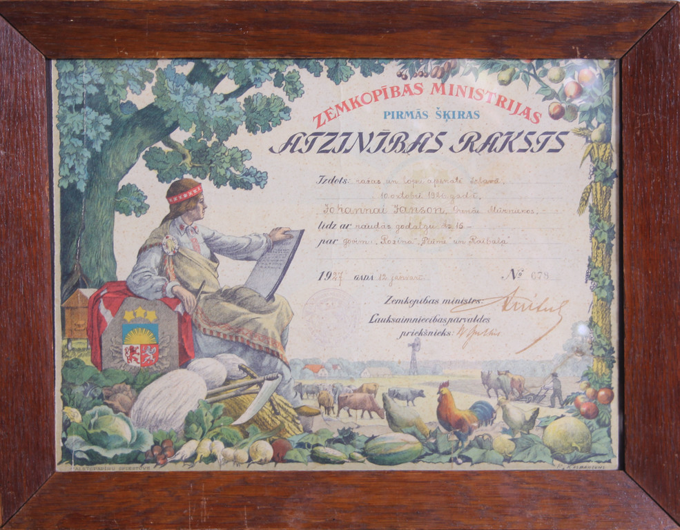 Certificate of recognition from the Ministry of Agriculture