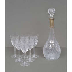 Crystal decanter with silver finish and 6 glasses