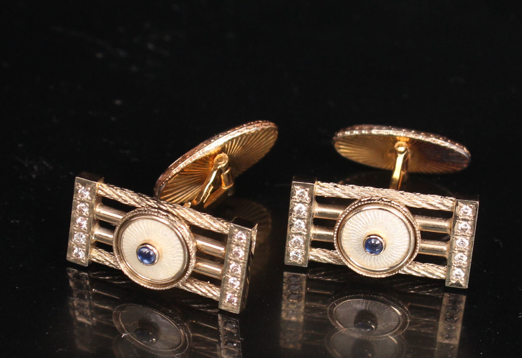 Gold cufflinks with enamel, sapphires and diamonds