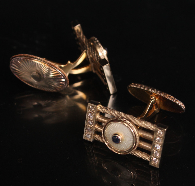 Gold cufflinks with enamel, sapphires and diamonds