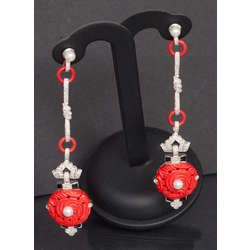 Gold earrings with diamonds, coral, onyx and pearl