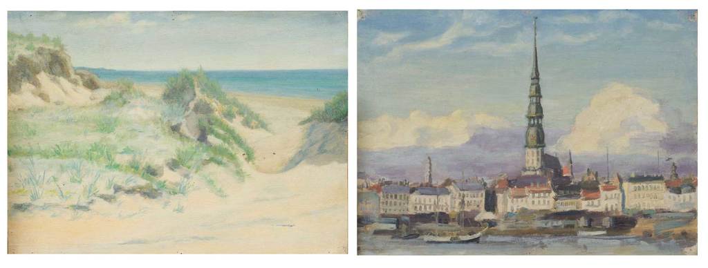 Two-sided painting (Riga panorama / Jurmala dunes)