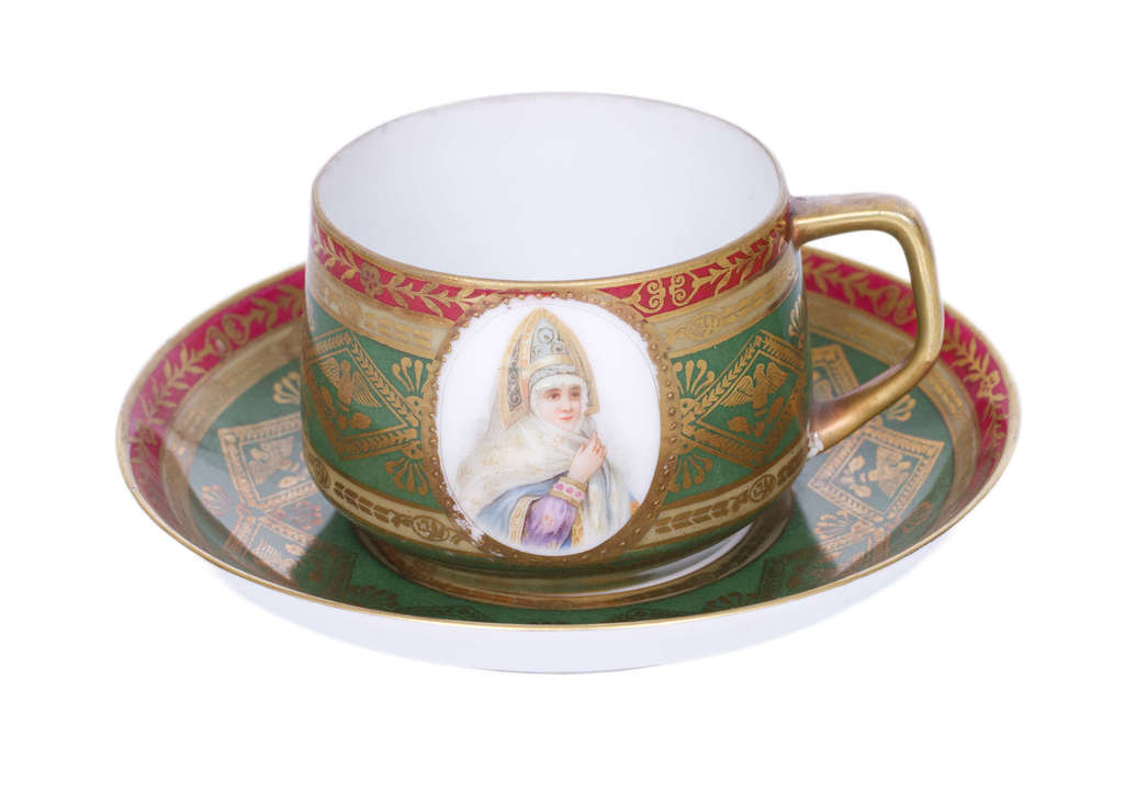 Gardner porcelain cup and saucer with painting and gilding
