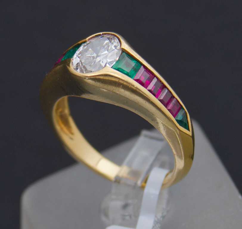 Gold ring with natural diamond, 4 natural emeralds