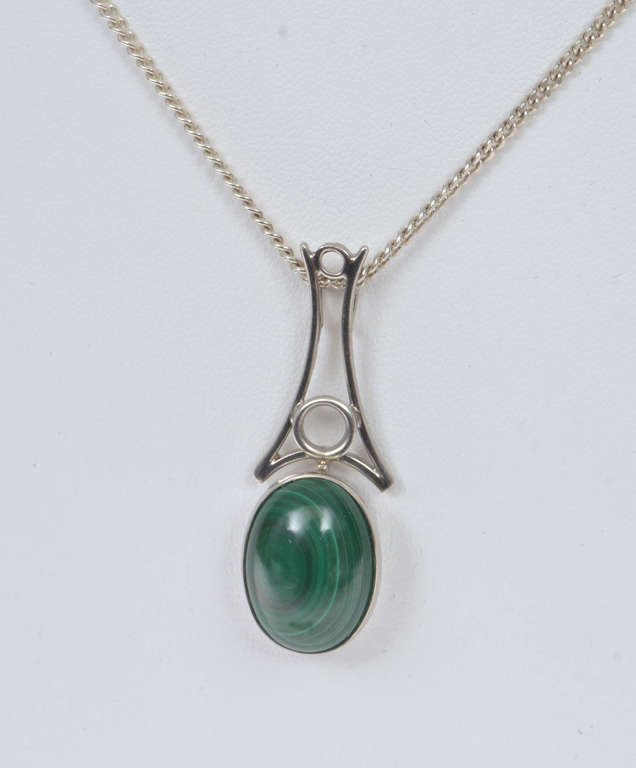 Silver Art Nouveau pendant with malachite and chain