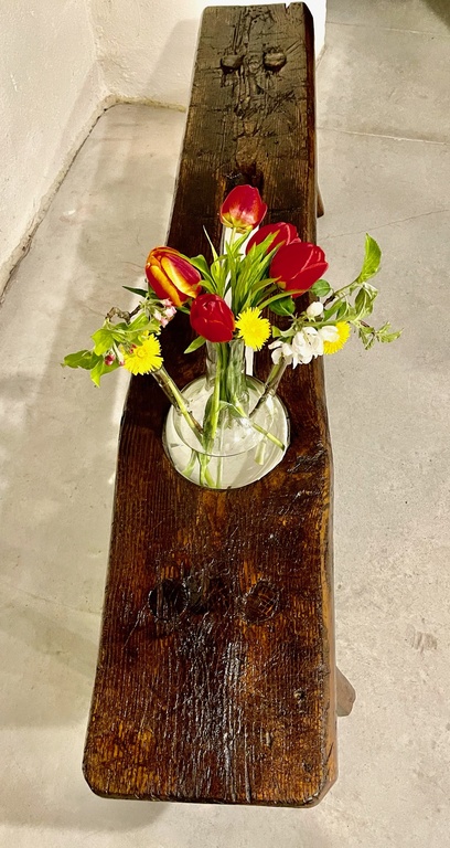 Wooden bench  glass vase