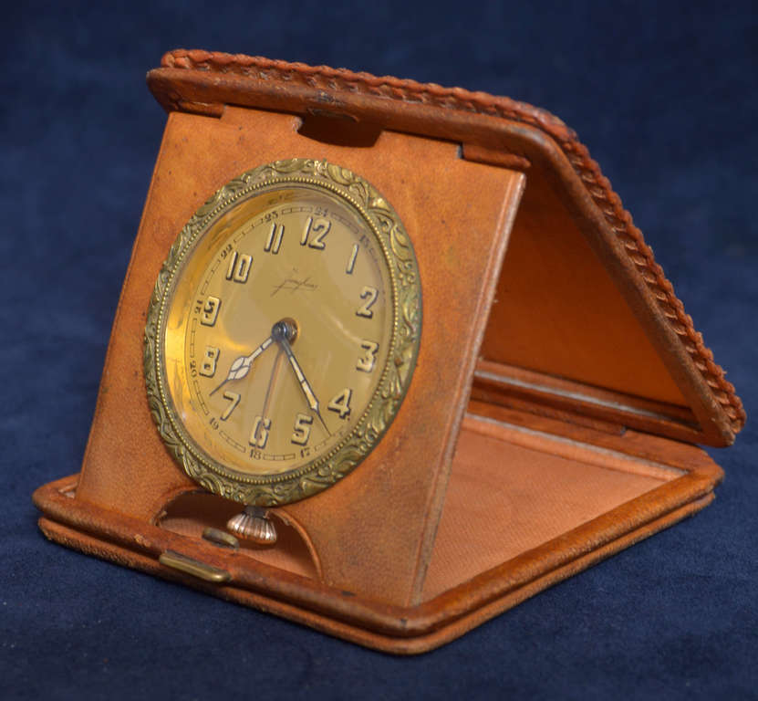 Bronze table clock in leather frame