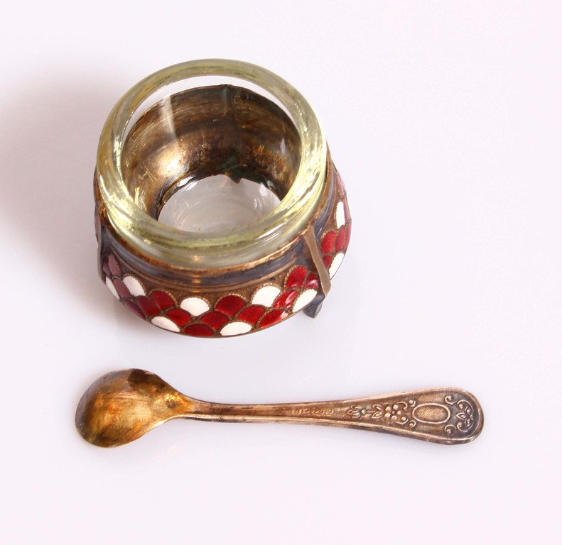 Glass spice dish with metal and enamel finish and a spoon