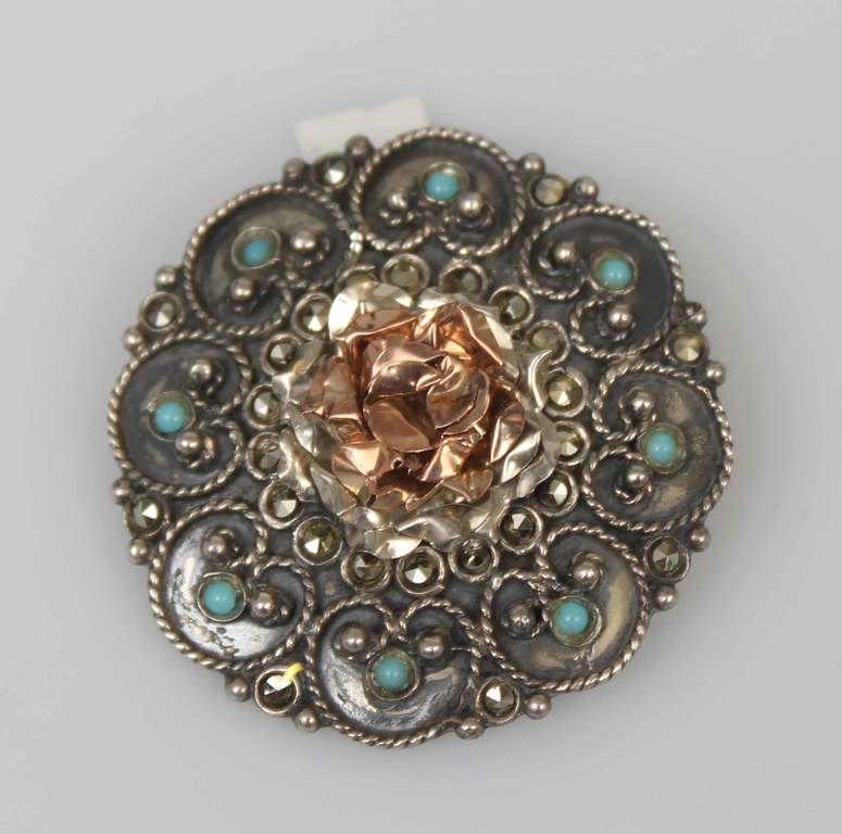 Серебряная брошь / кулон в стиле модерн с бирюзой, кристаллами марказита и золотом