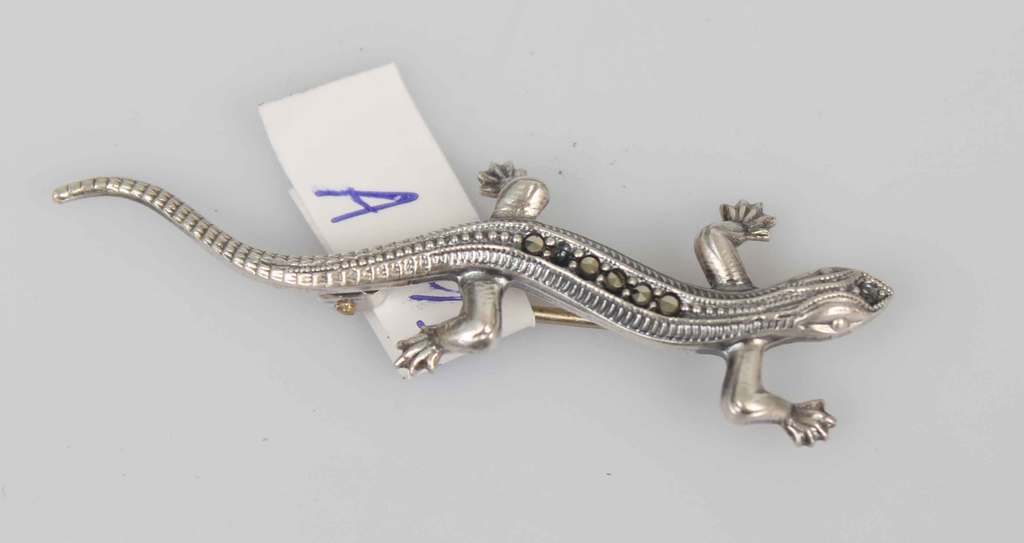 Silver Art Nouveau brooch Salamander with marquise crystals
