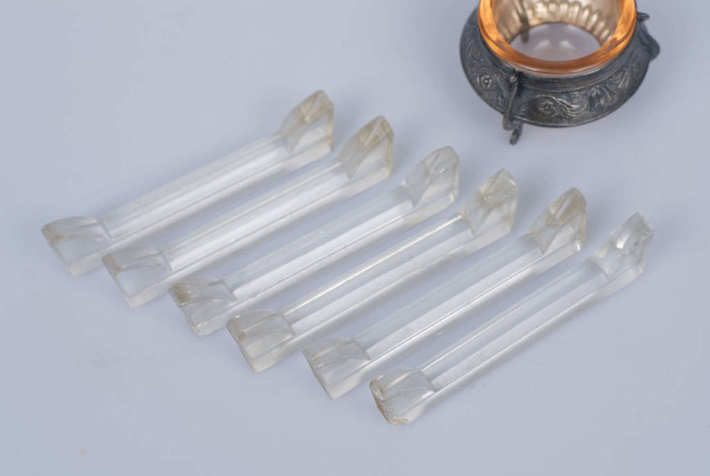 6 crystal cutlery holders and a crystal salt bowl
