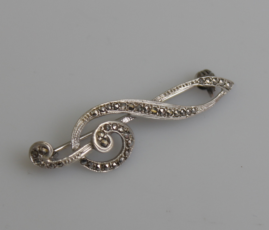 Silver Art Nouveau brooch with marcasite crystals - handmade