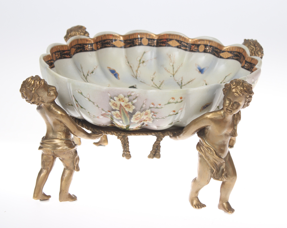 Faience fruit bowl with bronze finish