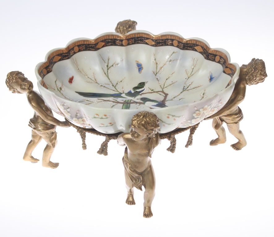 Faience fruit bowl with bronze finish