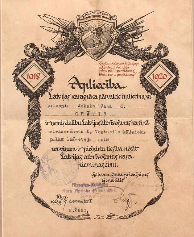 Сертификат Военного мемориального знака освобождение Латвий