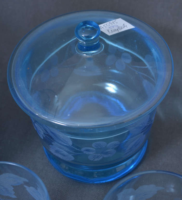 Кружка из синего стекла с крышкой, стаканом и сахарницей