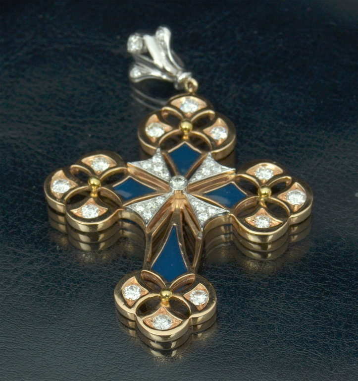 Золотой кулон - крест с бриллиантами и эмалью