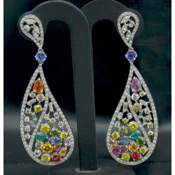 Gold earrings with diamonds, tanzanites, sapphires, rubies and emeralds