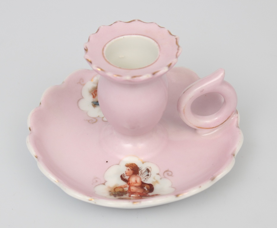 Kuznetsov pink porcelain candlestick with angels