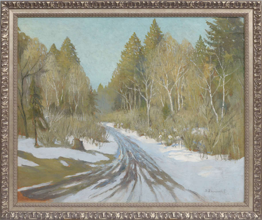 Winter landscape with a road in the woods