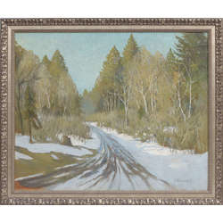 Winter landscape with a road in the woods