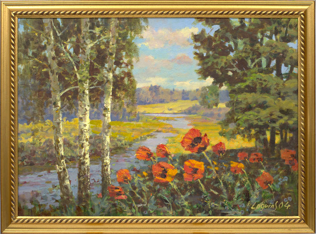 Natural landscape with river and poppies
