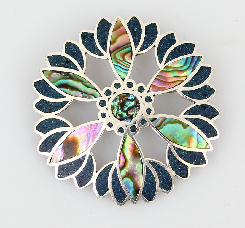 Silver Art Nouveau brooch with mother of pearl and enamel