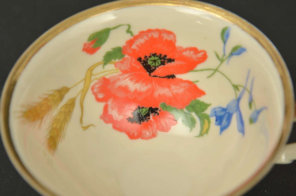 Porcelain cup and two saucers with poppies