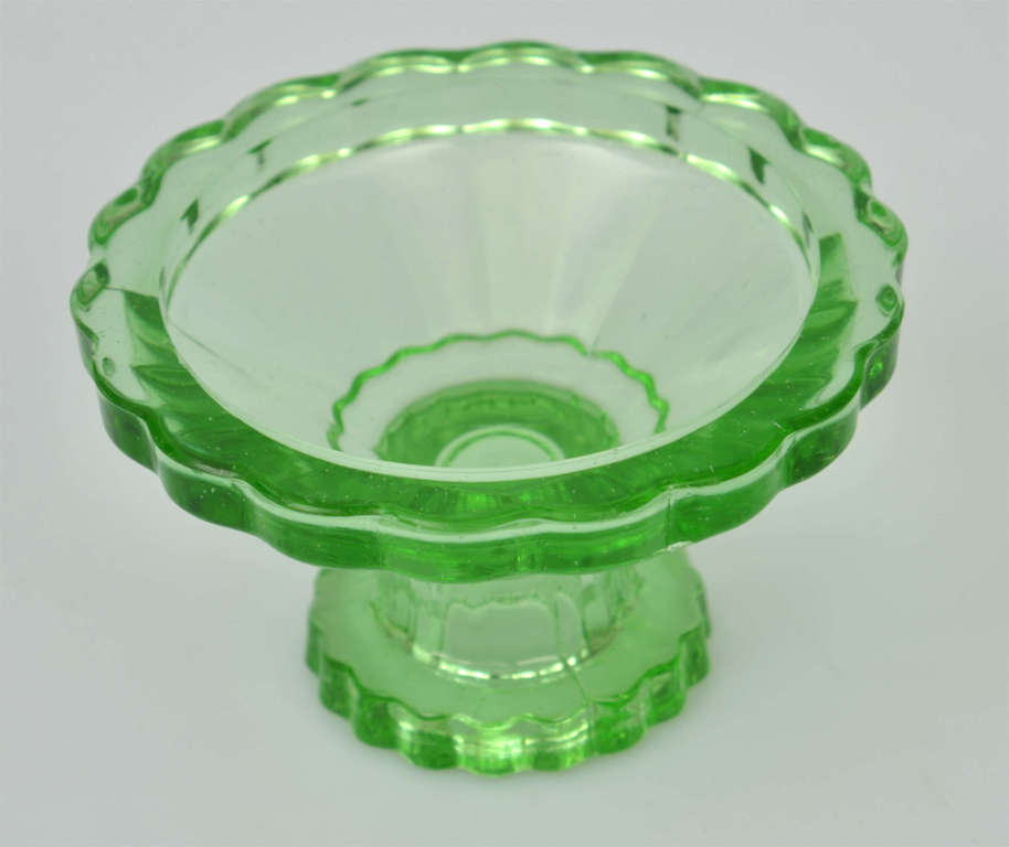 Green glass set - sugar bowl, tray and 2 pcs. dishes / candlesticks