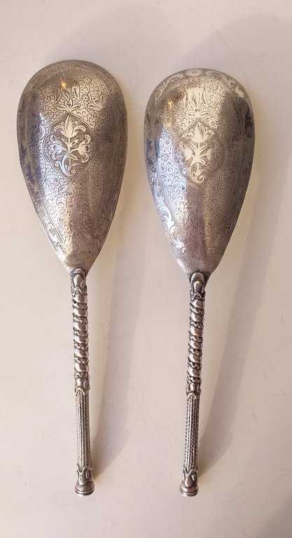 Set of two large serving spoons for honey, sour cream or caviar. Silver 84.Kostroma 1860.