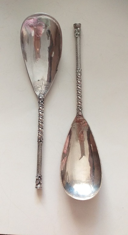 Set of two large serving spoons for honey, sour cream or caviar. Silver 84.Kostroma 1860.