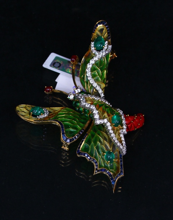 Gold brooch with diamonds, emeralds, rubies and sapphires 