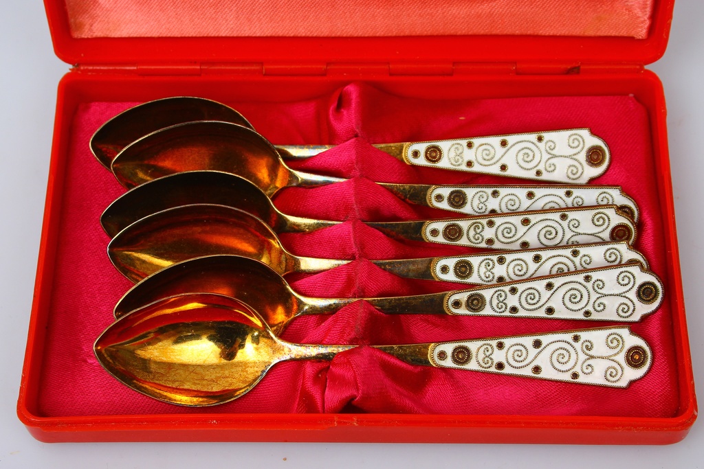 Silver spoons with white enamel (6 pcs.) 