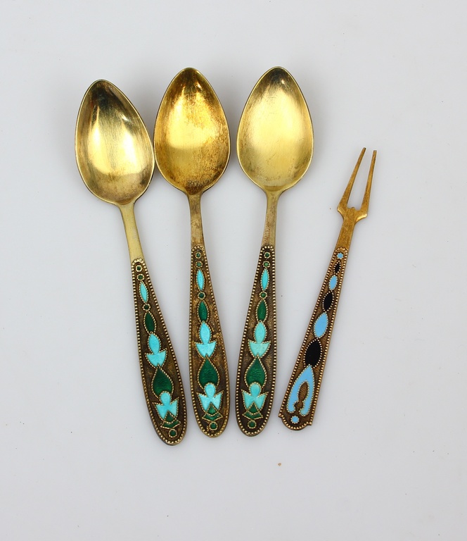 Silver spoons and fork with enamel