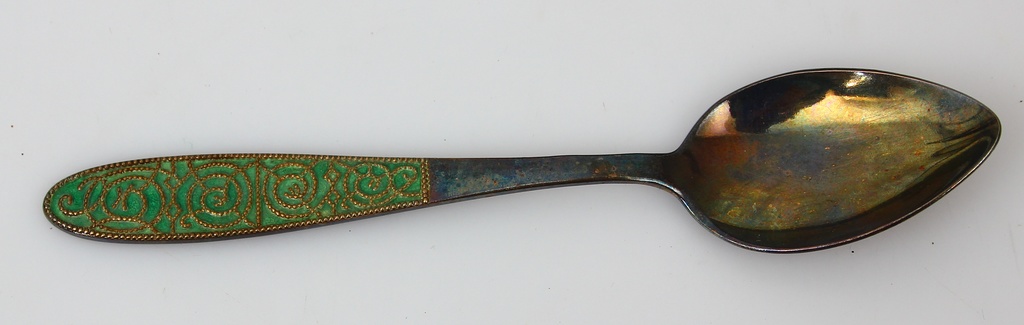 Silver spoons with green enamel