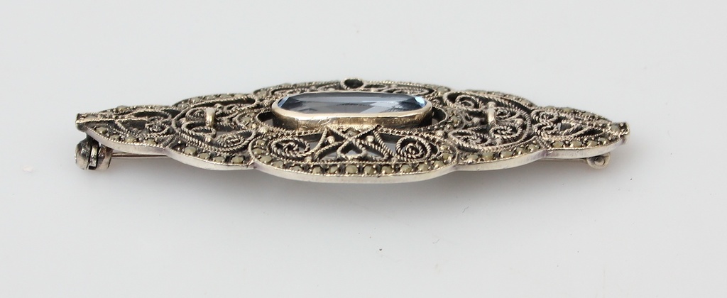 Art Nouveau silver brooch with marcasite crystals and aquamarine