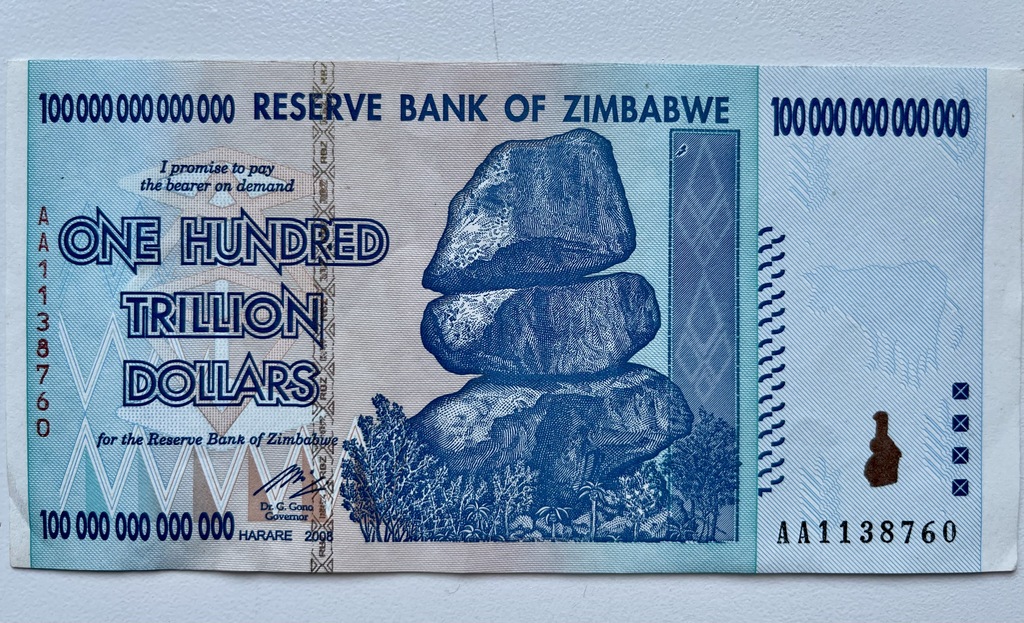  Денежная банкнота Зимбабве 100 трилионов зимбабвийских долларов