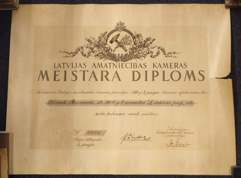 Master Diploma of the Latvian Chamber of Crafts