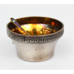 Silver spice dish with a silver spoon
