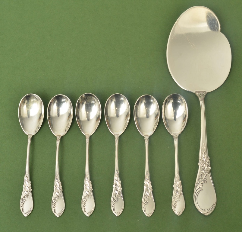 Silver Art Nouveau Dessert Cutlery Set (6 spoons and cake spatula)