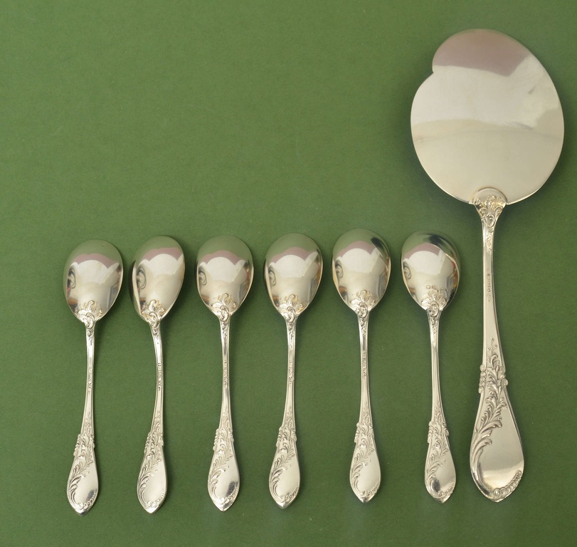Silver Art Nouveau Dessert Cutlery Set (6 spoons and cake spatula)