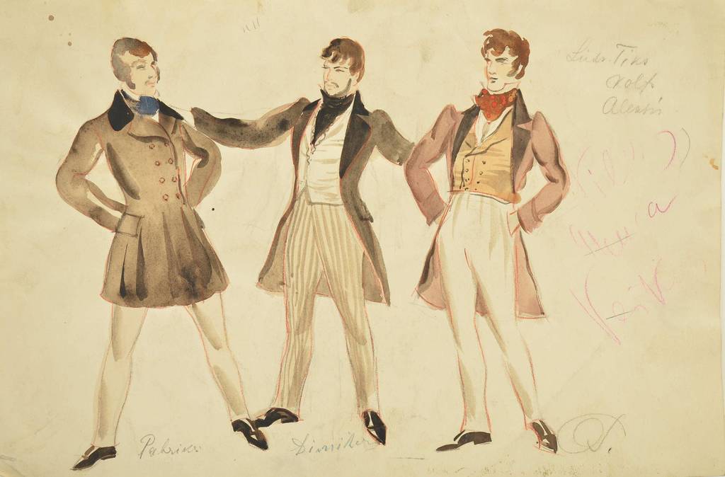 Sketches of men's costumes for the show