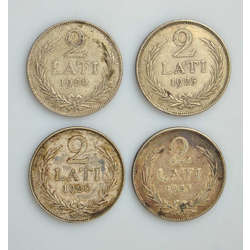 Серебряные монеты 2 лата (4 штуки)