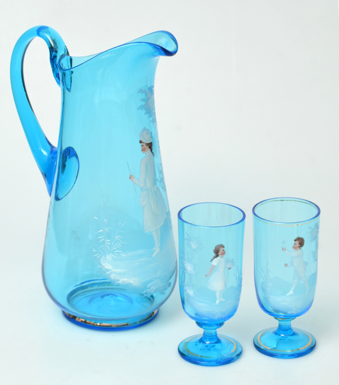 Blue glass decanter with 2 glasses with painting