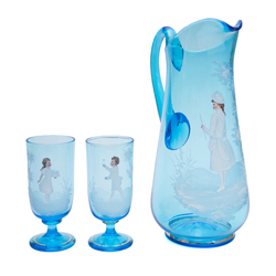 Blue glass decanter with 2 glasses with painting
